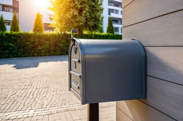 Grey wooden Mailbox in an house residential building outside. Modern numbered mailboxes box outdoors, creative design mail backgrounds. Urban correspondence concept. Copy ad text space. Generated Ai