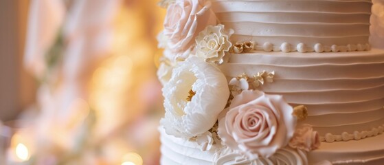 White floral wedding cake. Copy space. AI generated.