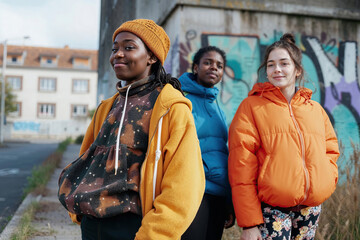 Three multiethnic women, representing diversity with an Afro and Cuban background, stand in front of a vibrant graffiti covered wall.