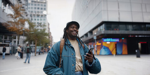 A diverse man, with an Afro-Cuban heritage, wearing a blue jacket, joyfully smiles while tightly gripping a cell phone in his hand.