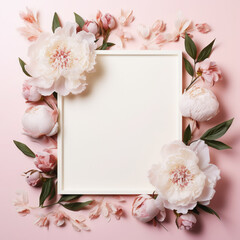 Aesthetic frame mockup decorated with tender light peonies. Invitation or greeting concept Layout. Generative AI