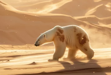 Fotobehang A polar bear walks through a hot sandy desert. concept of global warming and melting glaciers © Александр Довянский