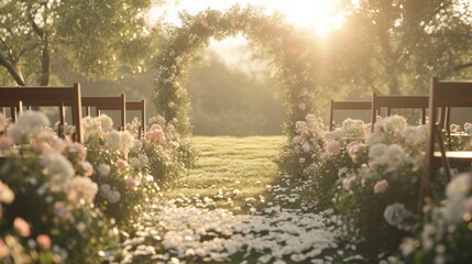 Sunlit floral arch for outdoor weddings. AI generated.