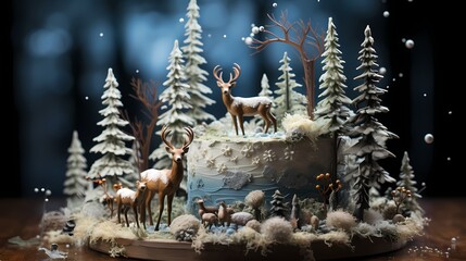 An enchanting Christmas cake that transports you to a winter wonderland, with lifelike edible pine trees, graceful deer figurines, and a gentle layer of edible snow, all beautifully 