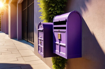 Purple wooden Mailbox in an house residential building outside. Modern numbered mailboxes box outdoors, creative design mail backgrounds. Urban correspondence concept. Copy ad text space. Generated Ai