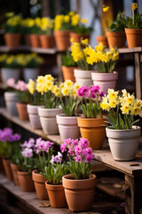 Fototapeta na wymiar Spring flowers in pots. Happy Easter background. Seedlings and gardening