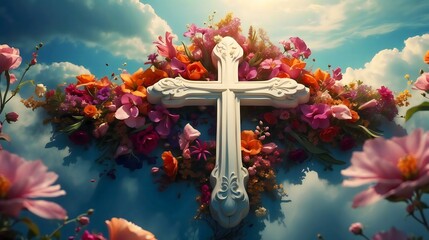 Abstract 3D Cross  Wreathed in Colorful Flowers Wtih Cloudy Sky Background, Embodying Resilience, Renewal, Christianity, faith, religious, Holy Week concept and Harmony concept