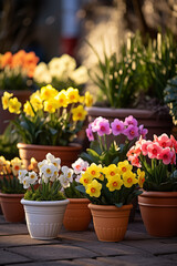 Fototapeta na wymiar Spring flowers in pots. Happy Easter background. Seedlings and gardening
