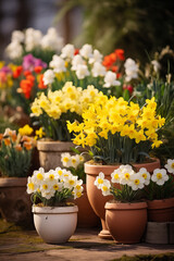 Spring flowers in pots. Happy Easter background. Seedlings and gardening