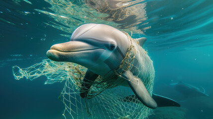 a dolphin gets entangled in a fishing net underwater. ocean pollution concept