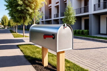 Silver wooden Mailbox in an house residential building outside. Modern numbered mailboxes box outdoors, creative design mail backgrounds. Urban correspondence concept. Copy ad text space. Generated Ai