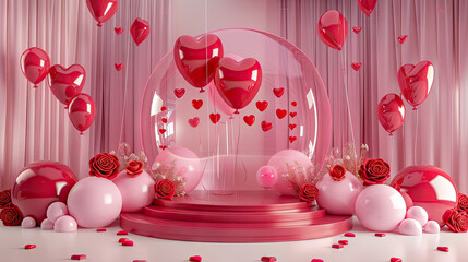 empty pink round podium decoration with heart shape balloon, gift box, confetti, red rose flower, for product presentation,  empty podium for valentine day