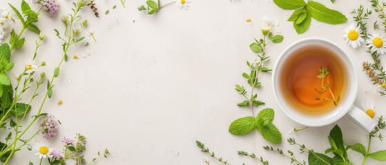 cup of herbal tea with chamomile, mint and other herbs on a light background, top view, copy space