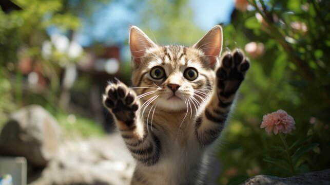 Adorable cat with a playful demeanor reaching out towards the camera, creating a heartwarming scene.