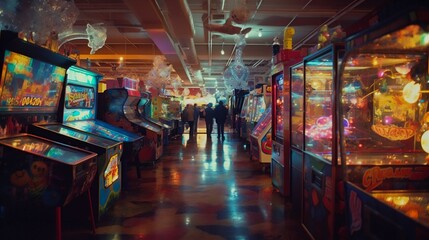 AI generated arcade with pinball and video game machines on the walls