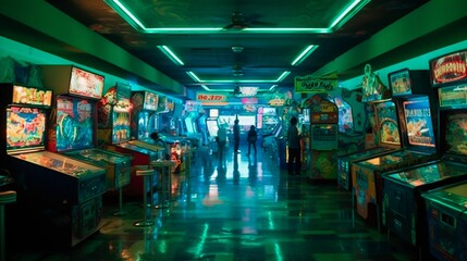 AI generated arcade with pinball and video game machines on the walls