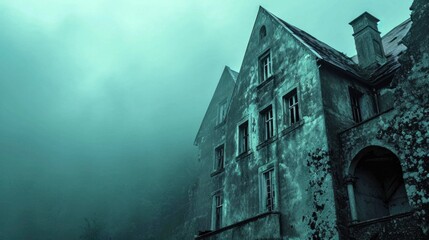 Misty abandoned mansion. Copy space. AI generated.