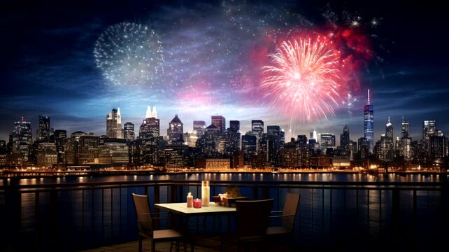 City building view scene with fireworks, 4k animated virtual repeating seamless