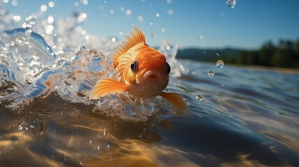 Un petit poisson rêve de voler. Une vague l'emmène haut dans les airs, lui offrant un instant magique avant de retomber doucement dans l'océan. - obrazy, fototapety, plakaty