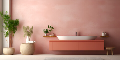  bright minimalistic style Pink bathroom interior bathtub, 3D rendering concrete floor and chair with plant and creams. 