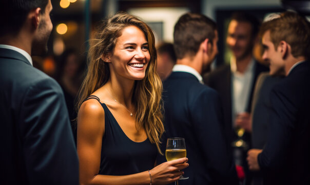 Joyful woman enjoying a lively conversation at a sophisticated evening networking event with professionals engaging in background discussions