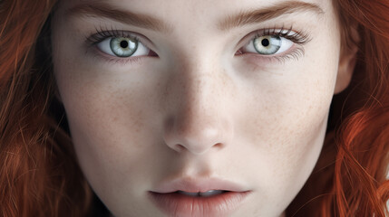 closeup photo of a model with freckles, blue eyes, beautiful