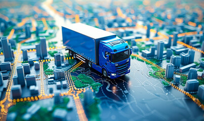 Conceptual representation of logistics and delivery services with a blue delivery truck on a stylized city map highlighting route optimization and urban distribution