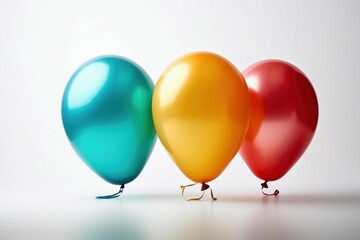 three helium balloons, one colorful and one pink, are arranged in the same line
