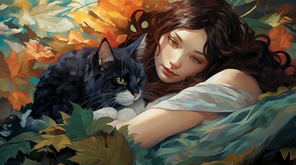Amidst the rustle of leaves, a young woman and her cat share a tender moment, the world around them a canvas painted with the colors of their silent bond.