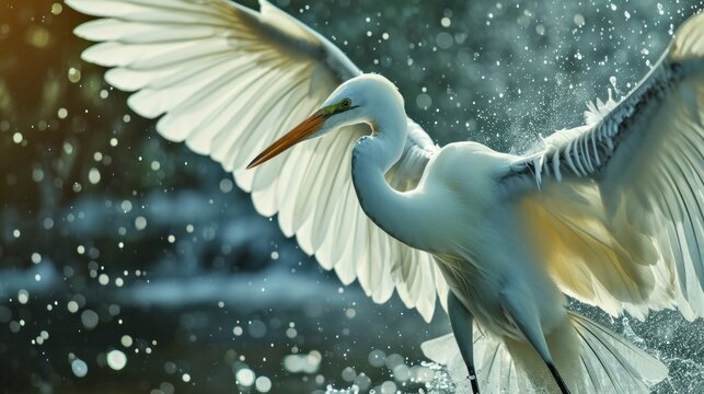 Egret taking flight over water. AI generated.