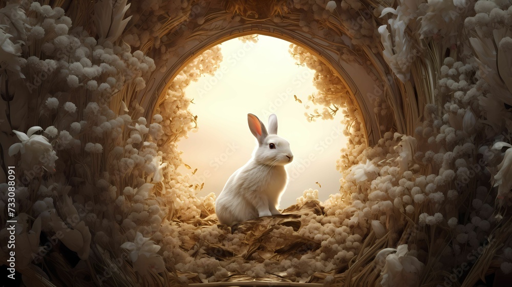Wall mural AI generated illustration of a white rabbit sits in a natural archway of dry foliage - Wall murals