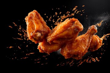 AI generated illustration of chicken wings being pan-fried in a hot sauce with a splash - obrazy, fototapety, plakaty