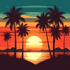 Tropical Paradise Sunset with Silhouetted Palm Trees and Serene Ocean