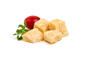 Parmesan cheese pieces, hard cheese, isolated on white background.