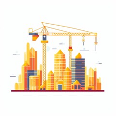 AI generated illustration of construction cranes atop a cityscape skyline