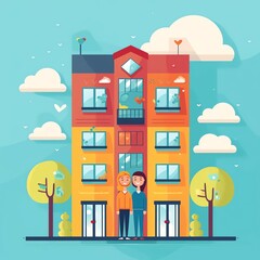 AI generated illustration of a couple standing in front of their modern apartment building