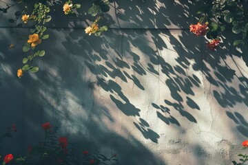 A shadow of flowers on a wall with the sun shining on it