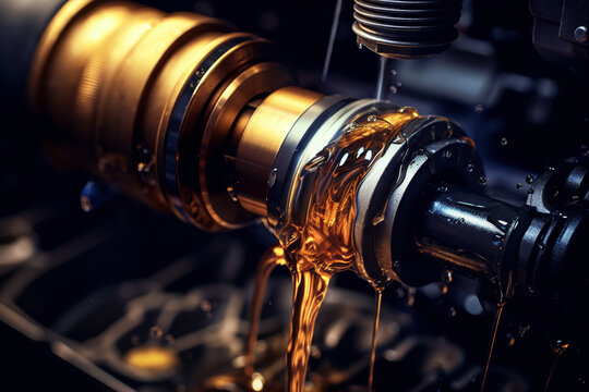 Cinematic image for advertising of lubricating oil being inserted on the gear of a vehicle's engine, highlighting the lubricant. Photo realistic and high contrast. Realistic light. Generative AI