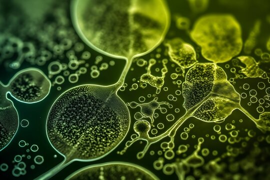AI generated illustration of green microplant cells suspended in a liquid