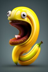 AI generated cartoon character in the form of a banana on gray background - obrazy, fototapety, plakaty