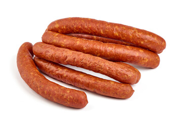 Long thin smoked sausages, isolated on white background.