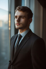 Fototapeta premium suit and tie. design for business man ad, office worker. a recruitment or magazine ad for HR or manager, business man near window. businessman looking at camera. ceo, accountant, manager or lawyer
