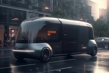 AI generated illustration of a futuristic public transport vehicle in motion - obrazy, fototapety, plakaty