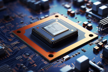 A powerful computer processor or chip on a motherboard. Modern technologies.