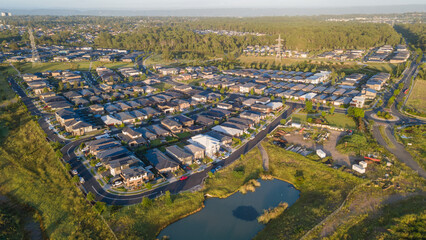 Aerial drone view of Jordan Springs East, known as the sinking suburb, in western Sydney, NSW...
