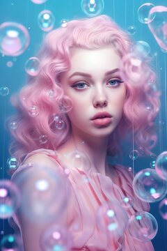 AI generated illustration of a young woman with pink hair and blue eyes