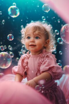 Portrait of an adorable toddler with bubbles scattered around it, AI-generated.