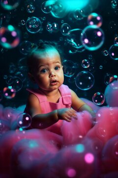 Portrait of an adorable toddler with bubbles scattered around it, AI-generated.