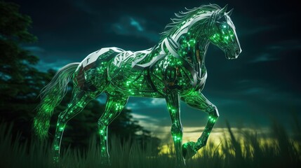Gleaming Equinox: A Futuristic Metallic Horse Enchanting the Green Transport- AI generated