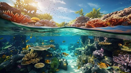Naklejka na ściany i meble AI generated illustration of coral and fish swimming right under the surface of a sunny sea